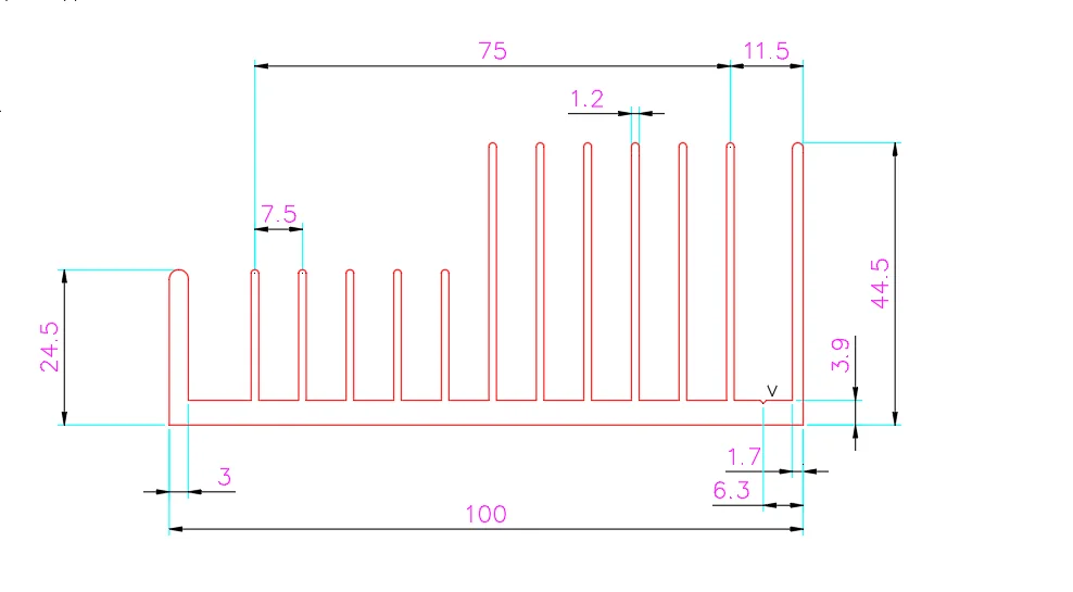 100 mm extruded aluminum heat sink dimension drawing